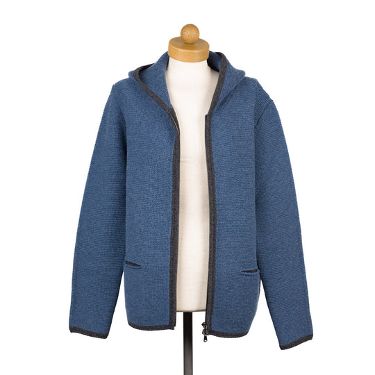 Ondra Strickjacke mit Kapuze Merinowolle Blau „Bad Mitterndorf“